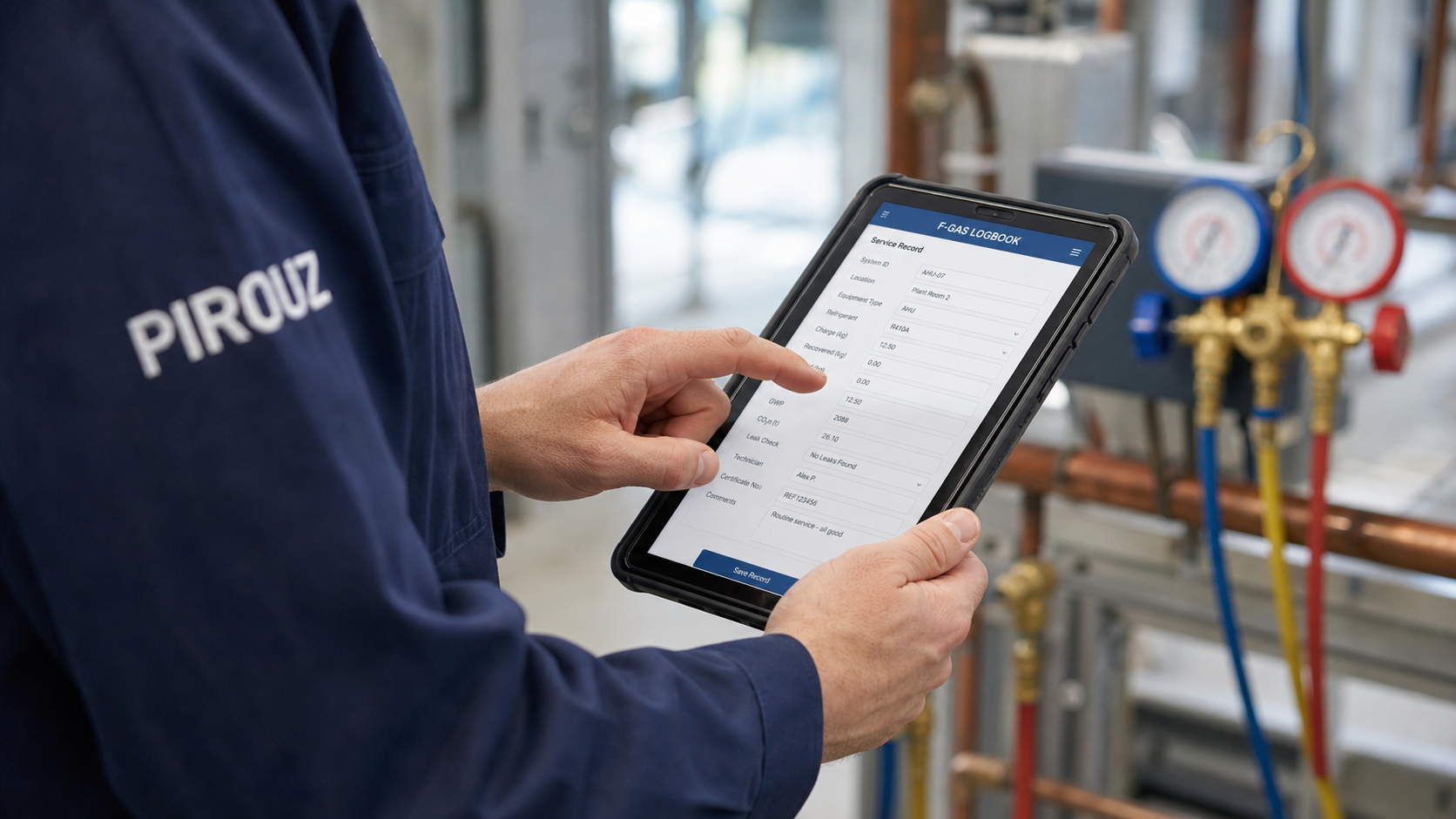 F-Gas certified engineer recording data in a digital logbook on a tablet.