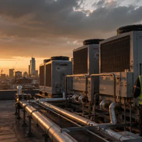 Wide shot of modern HVAC-R units on a UK city rooftop at dusk.
