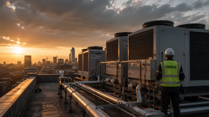Wide shot of modern HVAC-R units on a UK city rooftop at dusk.