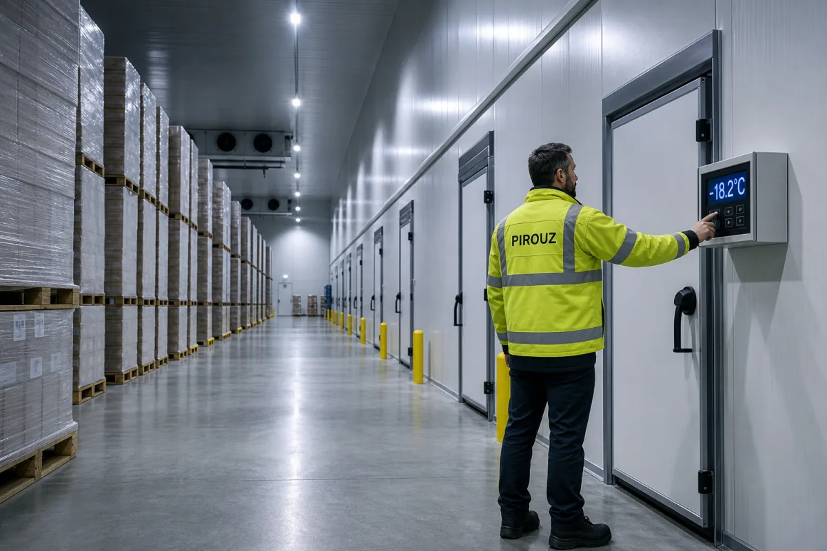 Modern UK commercial cold storage interior with insulated panels and facilities manager.