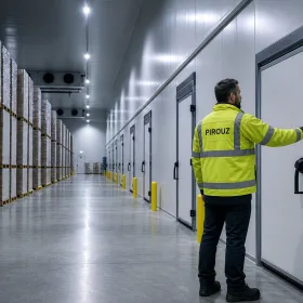 Modern UK commercial cold storage interior with insulated panels and facilities manager.