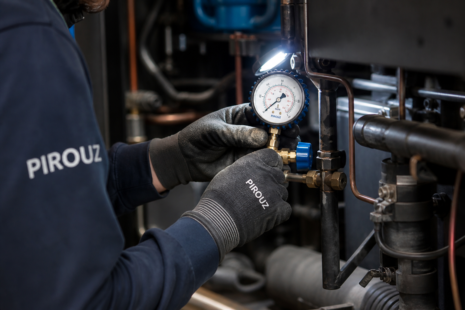 UK F-Gas certified HVAC-R engineer inspecting refrigeration unit pressure gauge.
