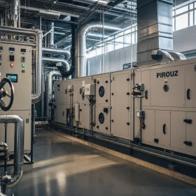 UK commercial HVAC plant room with complex, well-maintained pipework and controls.