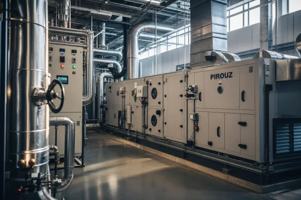 UK commercial HVAC plant room with complex, well-maintained pipework and controls.