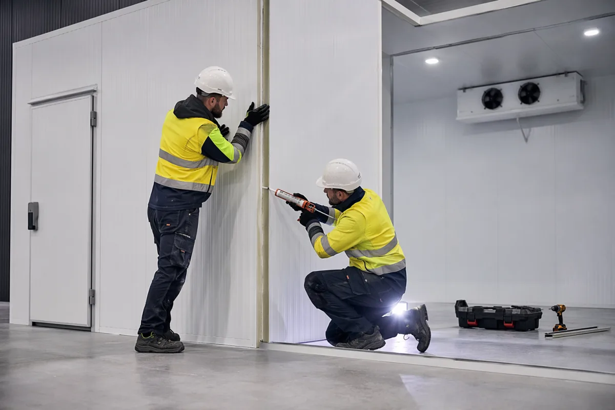 HVAC-R technicians installing PIR insulated panels in a new UK cold room.