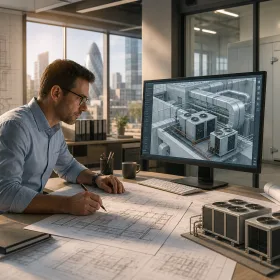 UK HVAC engineer reviewing blueprints for efficient system design.