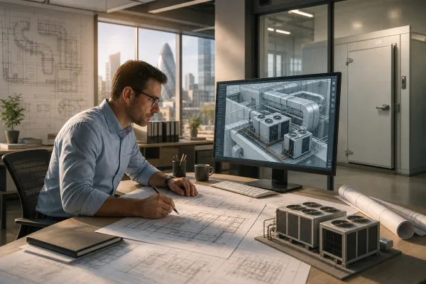 UK HVAC engineer reviewing blueprints for efficient system design.