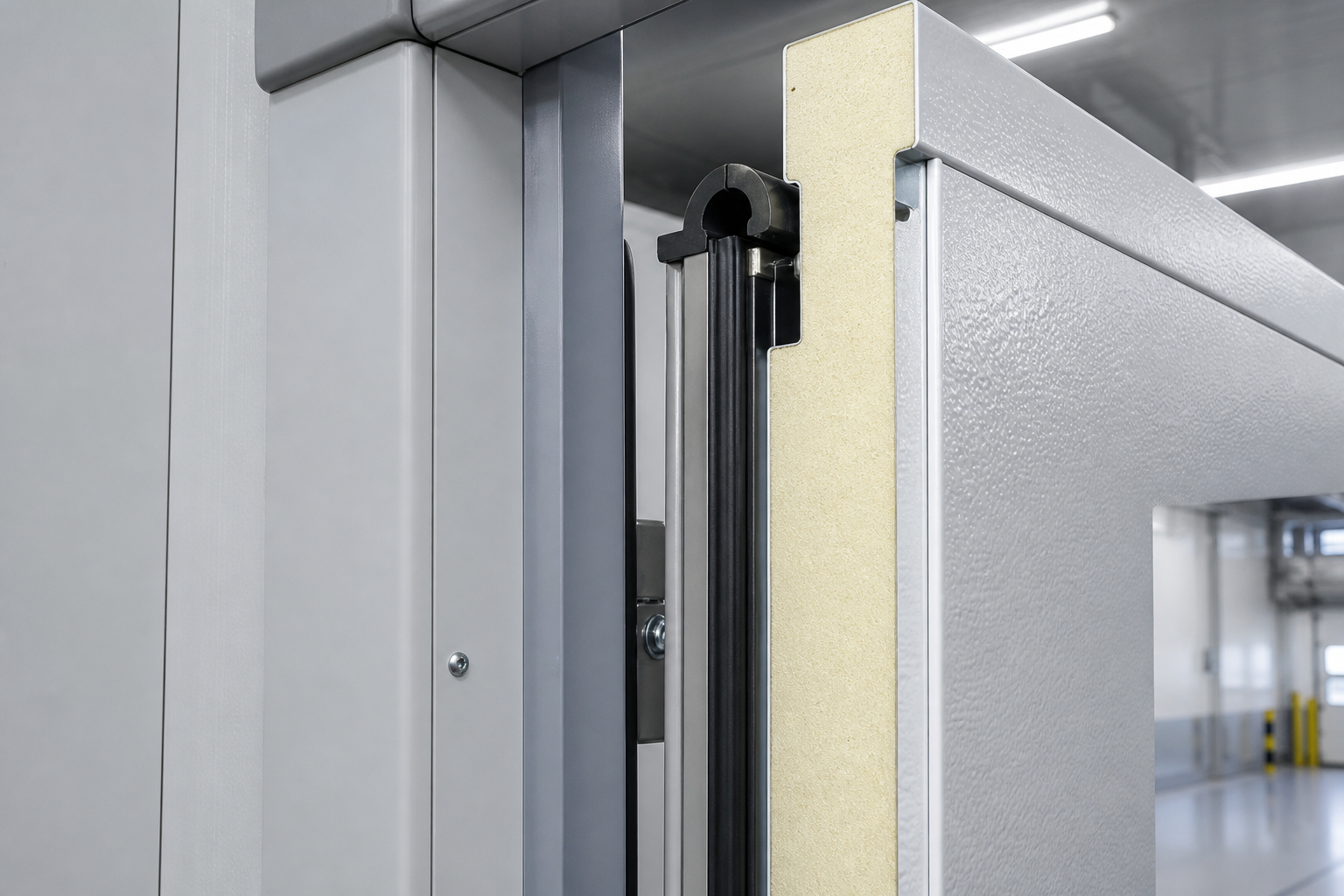 Close-up of durable cold room door seal and insulated panel.