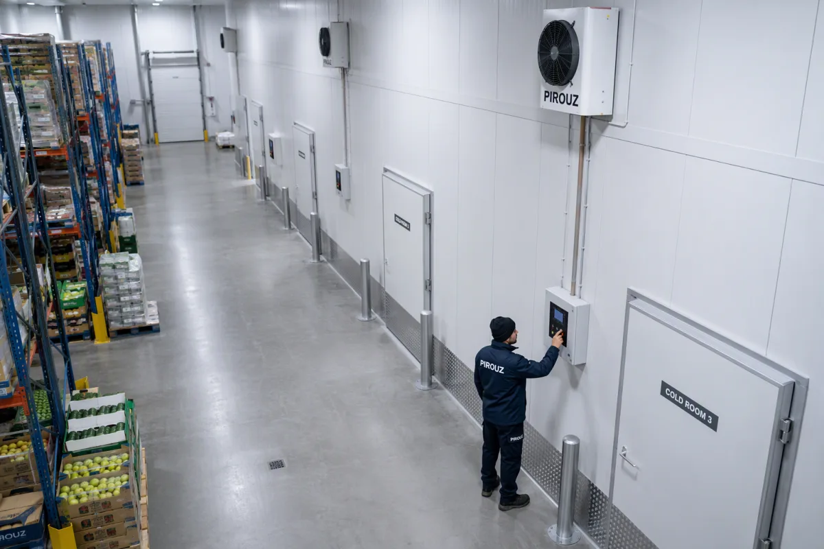 Modern UK commercial cold storage interior with technician inspecting controls.