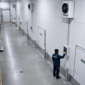 Modern UK commercial cold storage interior with technician inspecting controls.