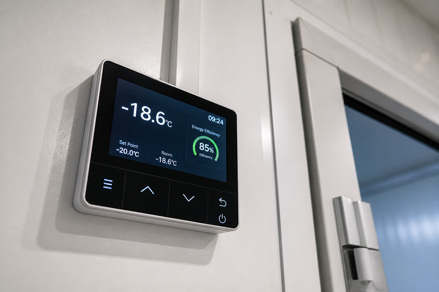 Close-up of a new energy-efficient cold room controller panel.
