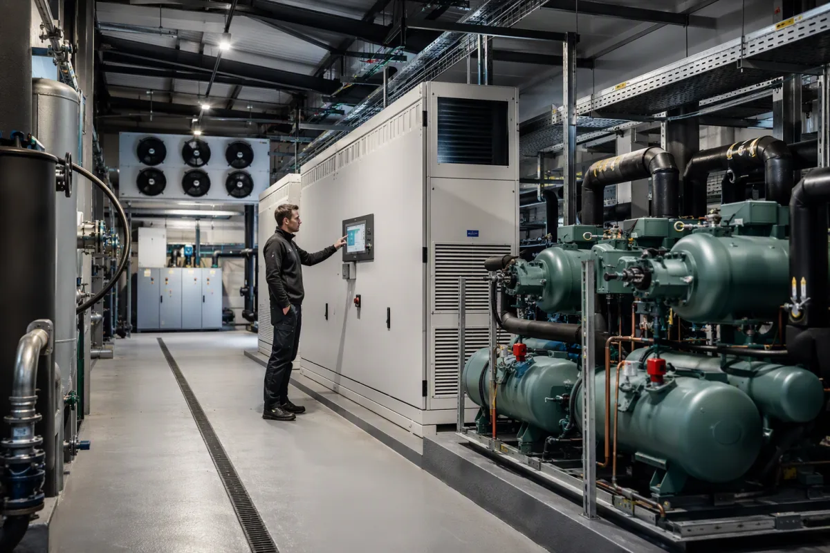 UK HVAC engineer inspecting upgraded refrigeration plant in modern facility.