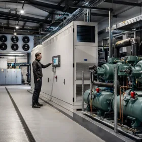 UK HVAC engineer inspecting upgraded refrigeration plant in modern facility.