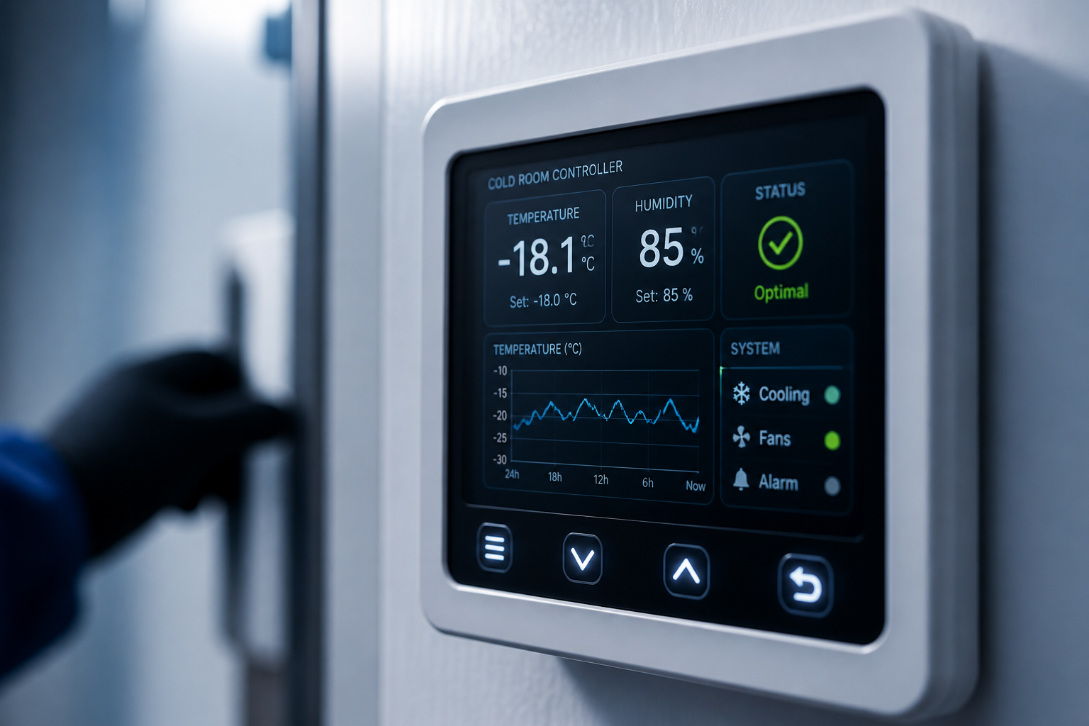 Close-up of modern cold room controller displaying optimal temperature readings.