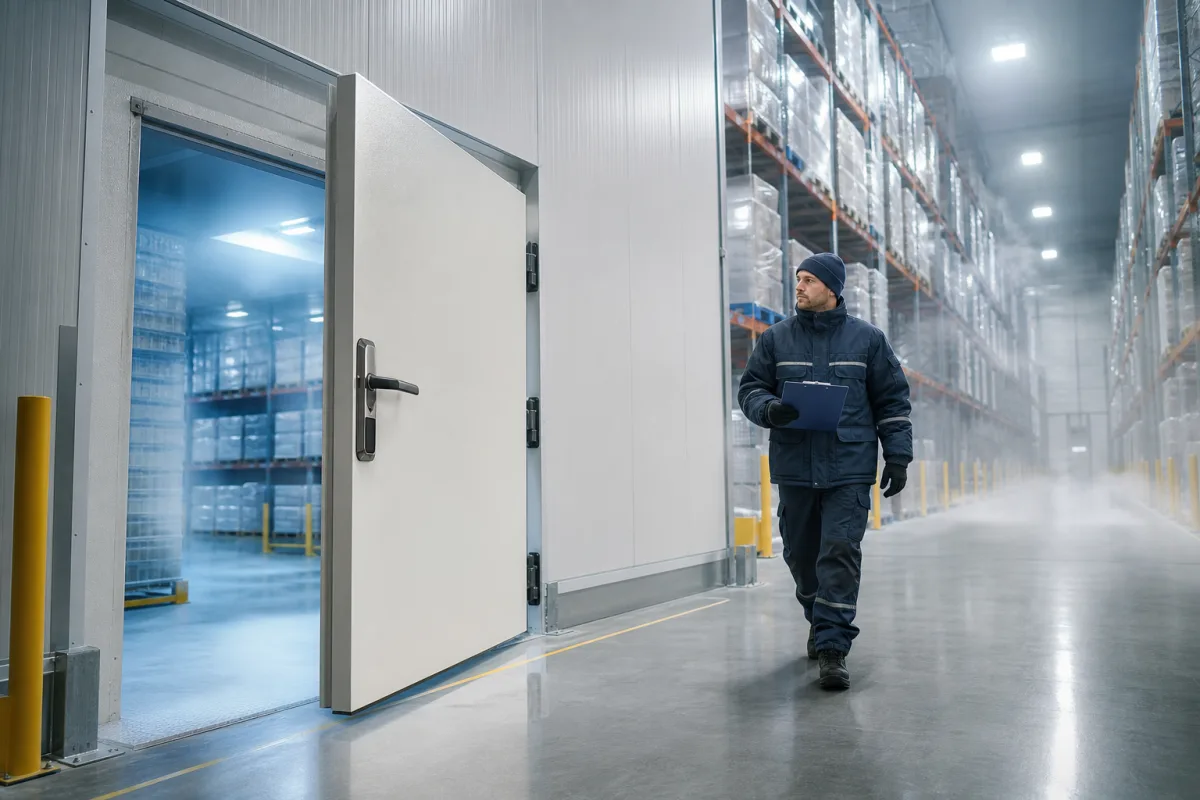 Technician inspecting robust cold room door in large UK cold storage warehouse.