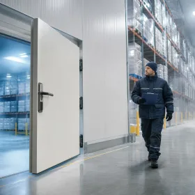 Technician inspecting robust cold room door in large UK cold storage warehouse.