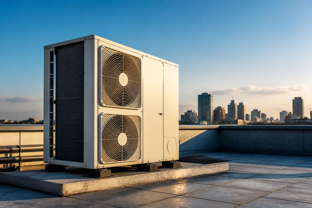 Commercial AC unit on rooftop under blue sky, UK.