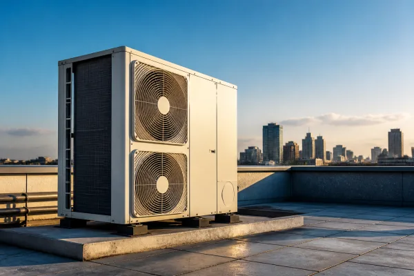 Commercial AC unit on rooftop under blue sky, UK.