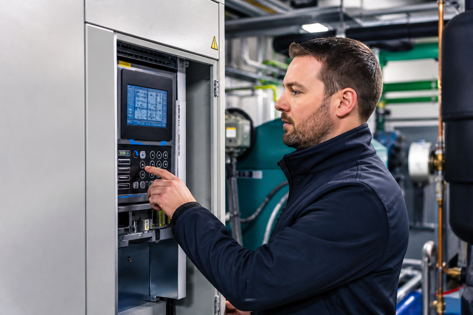 UK HVAC-R engineer adjusting digital control panel for refrigeration.