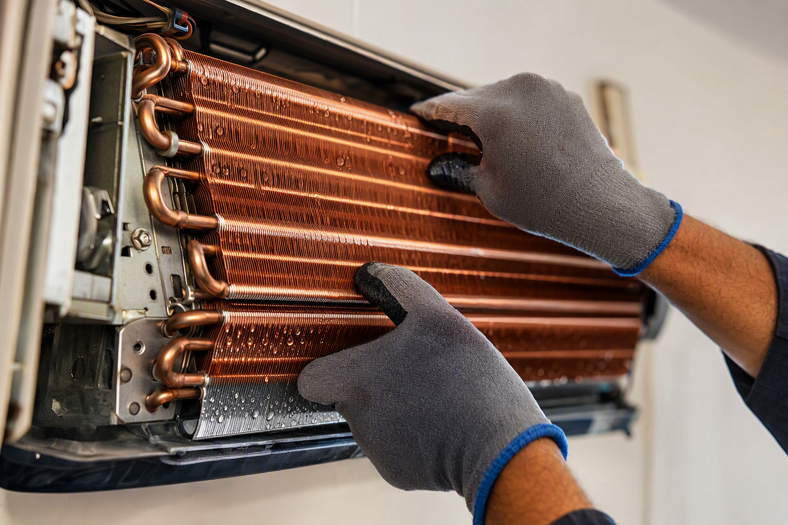 Engineer inspecting clean evaporator coil in AC unit, close-up.