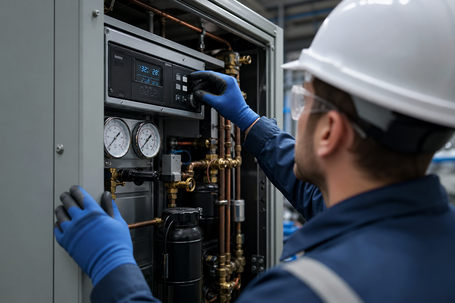 Engineer inspecting F-gas exempt lab refrigeration unit controls.