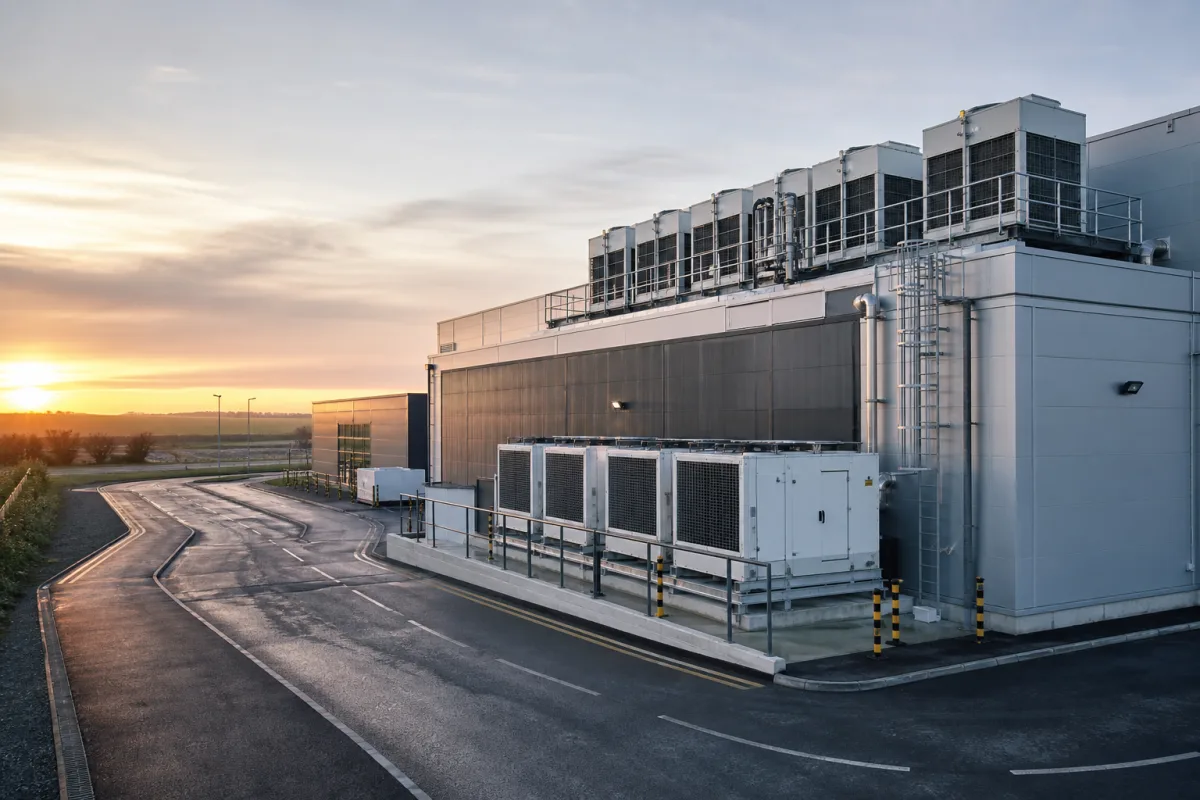 Modern UK industrial facility with extensive HVAC-R systems at dawn.